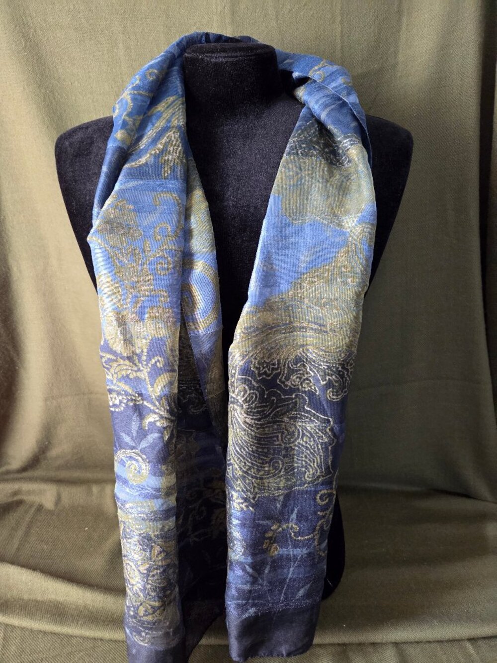 Vtg. Soft Poly Scarf Rectangle Greens Blue Blac Matte Finish 58"x13" Made Italy